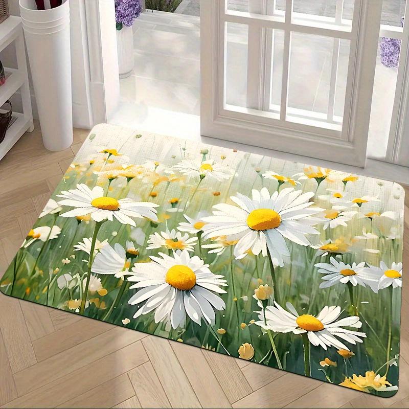 1pc Entrance Floor Mat, White Chrysanthemum Element Pattern Printed Floor Mat, Indoor and Outdoor Entrance Kitchen Floor Mat