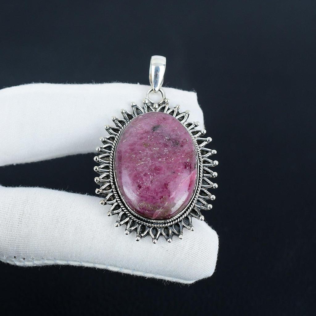 Natural Rhodonite Gemstone Silver Pendant in 925 Sterling Silver - Handmade Oval Design, Everyday Wear Jewelry Thanksgiving Gift