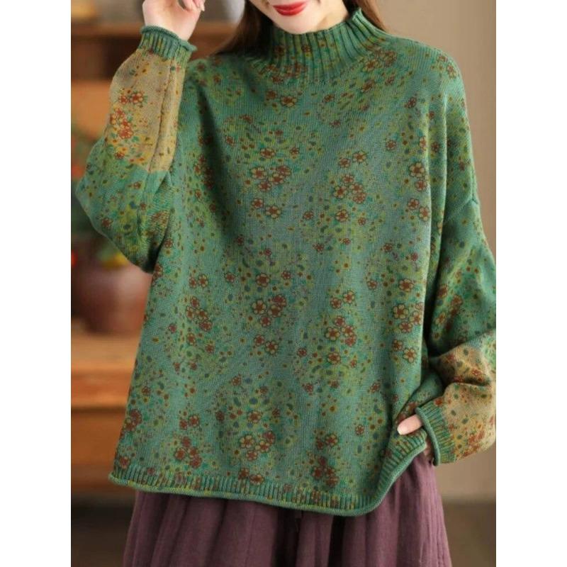 

Женские пуловеры-свитера с воротником-стойкой и длинным рукавом в стиле пэчворк с цветочным принтом, весенние вязаные хлопковые женские свитера One Size зелёный