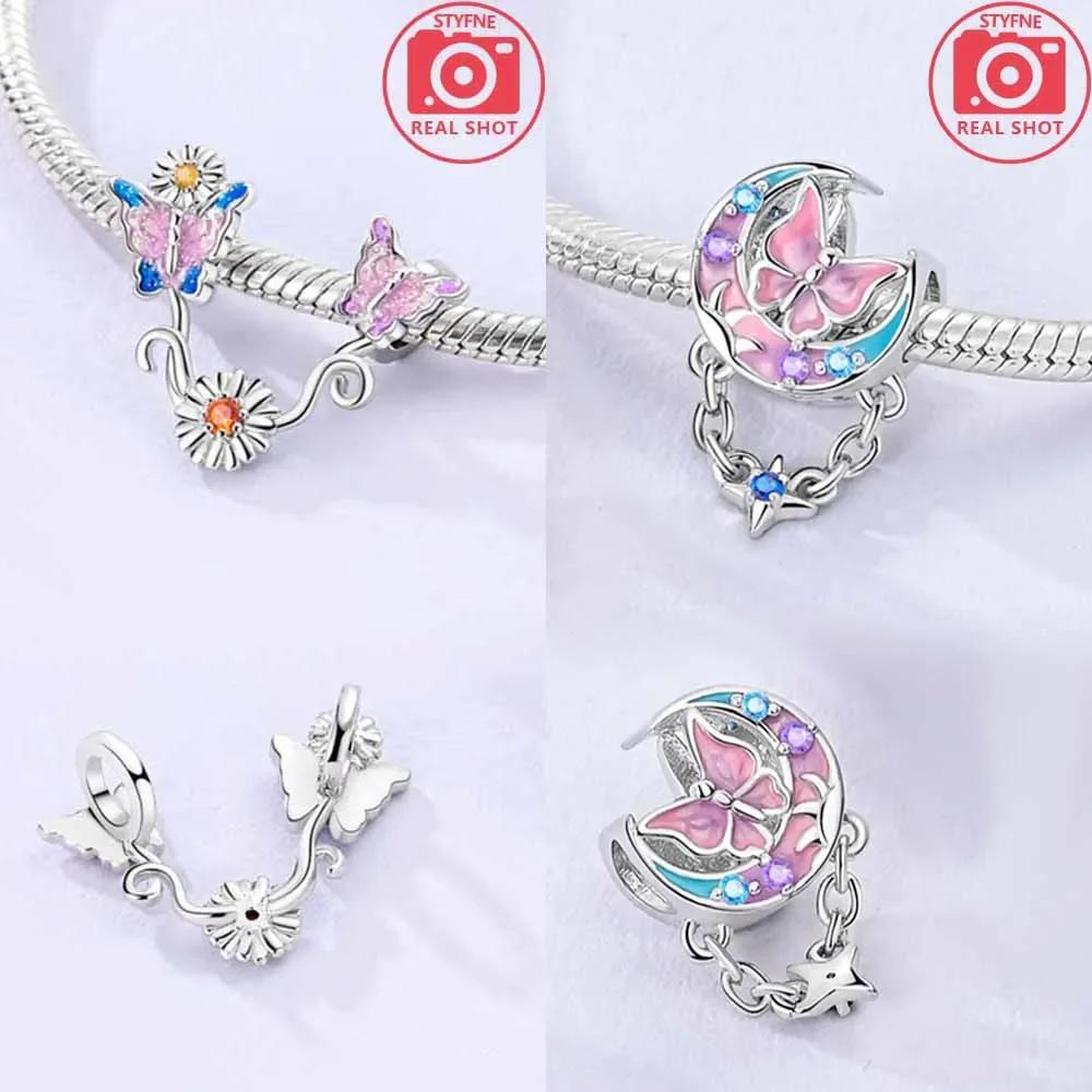 Charm Bead Charms Pink Butterfly Colourful Moon Flower Bead Charms Compatible With Authentic copper Certified Bracelets Anniversary Gift Diy