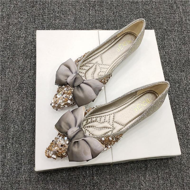 Evening Shoes Soft-soled Rhinestone Bow Bridesmaid Single Shoes Women's Spring New Versatile Pointed Head Shallow Mouth Flat Bottom Ladyshoes
