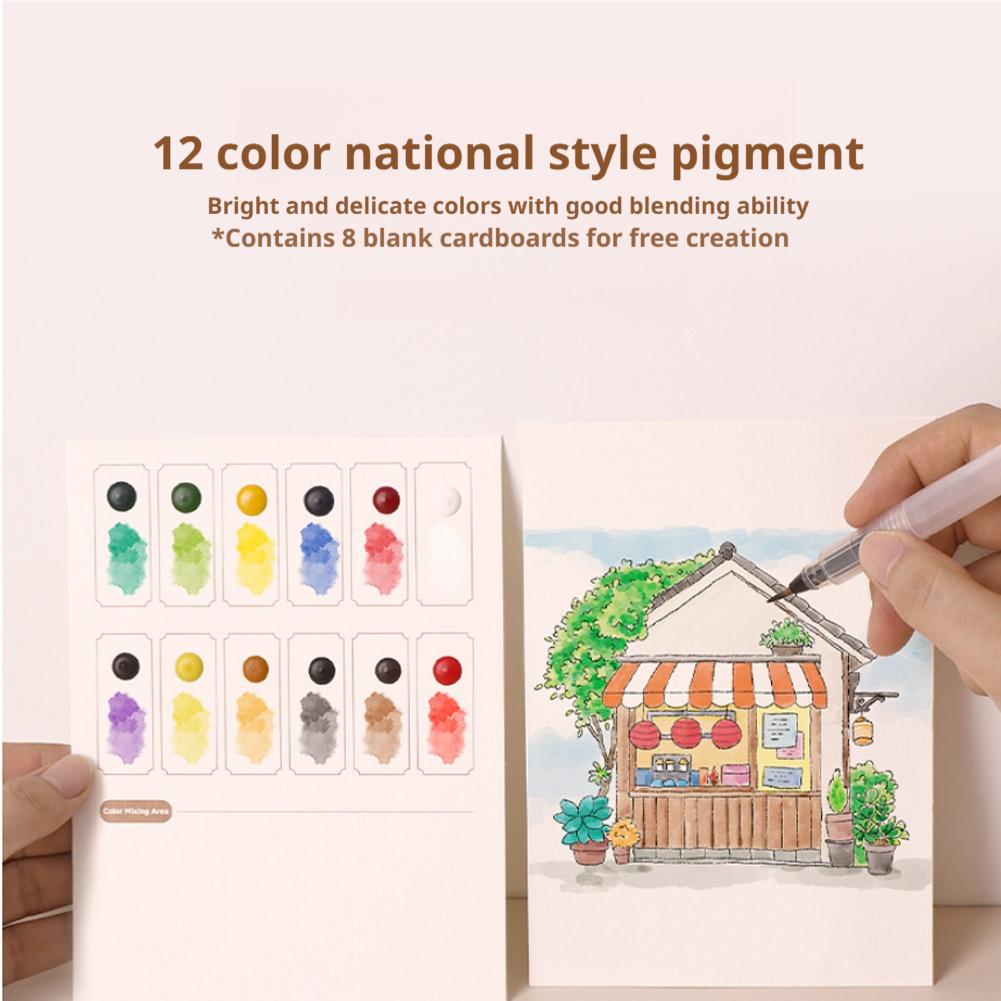 Travel Watercolor Painting Set with Tri-Fold Book, Built-in 12 Colors & Stress Relief Note Paper for DIY Art Folding Book