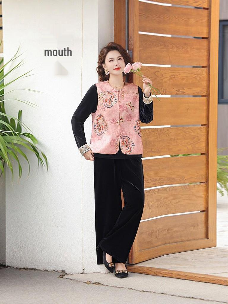 Elegant Jacquard Embroidered Gold Velvet Vest Set for Middle-Aged Women - Chinese Style Spring/Autumn Wear