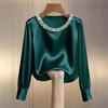 Women Tops Round Neck Long Sleeve Smooth Satin Pullover Tops Solid Color Loose Fit Faux Pearls Decor Casual Shirt Daily Wear