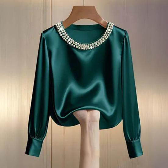 Women Tops Round Neck Long Sleeve Smooth Satin Pullover Tops Solid Color Loose Fit Faux Pearls Decor Casual Shirt Daily Wear