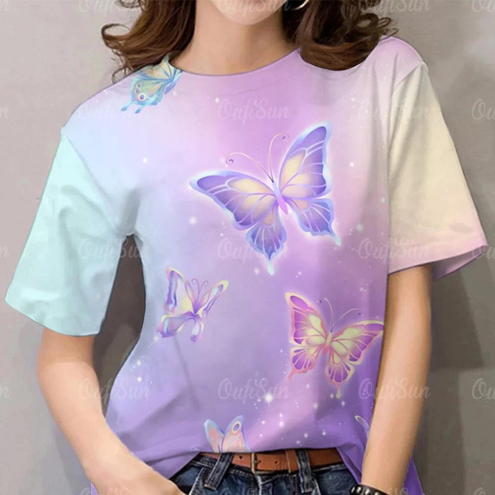 Summer Round Neck 3D Butterfly Pattern Print Top Fashionable Casual Short Sleeved Women's T-shirts