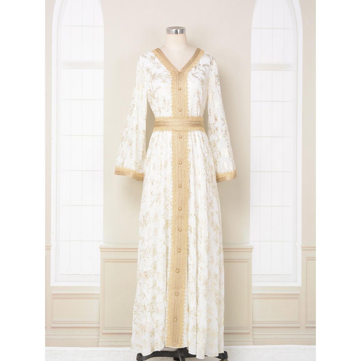 Fashion Ethnic Print Bronzing Abaya Dress Muslim Women Evening Gown Middle East Dubai Dubai Long Dress For Muslim Female S