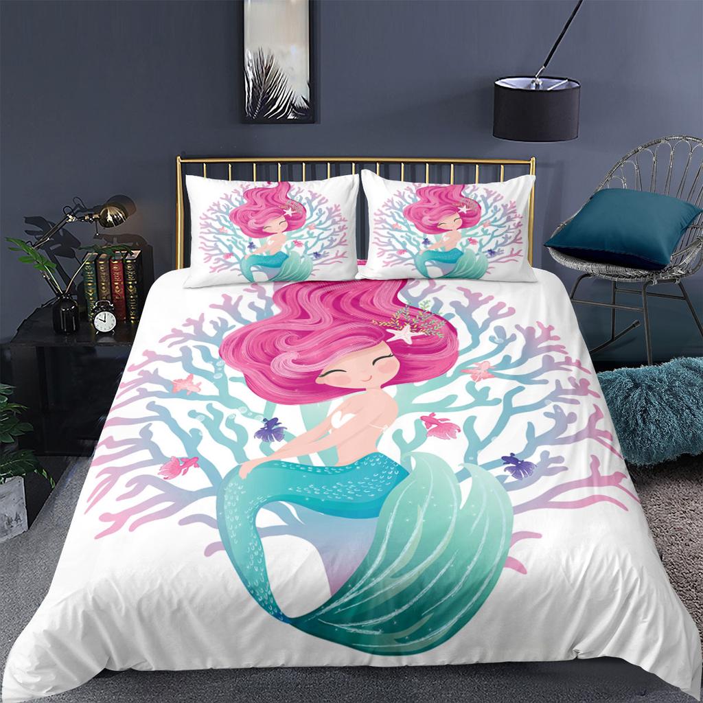 Comforter Mermaid King Queen Cute Cartoon Fairy Tale Sea Creature Bedding Set Fish Scale Girly 2/3Pcs