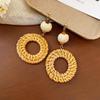 Silver Needle Round Resin Rattan Woven Earrings - Light Luxury High-End Studs, Fashionable Temperament Design