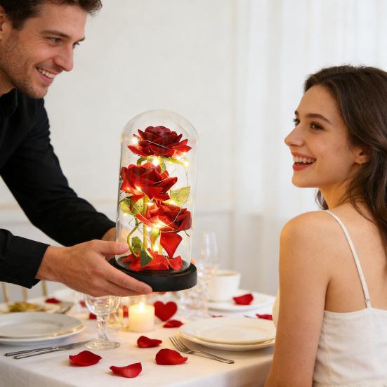 Preserved Rose in Glass Dome with LED Light Artificial Red Rose Decoration Valentine's Day Mother's Day Mom Women Wife Her Gifts