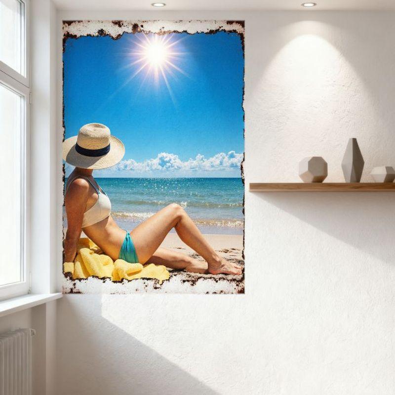 Sexy Woman In Bikini Beach Scene Vintage Tin Sign Rusty Border Metal Poster for Home Cafe Wall Decor, 8x12 Inch