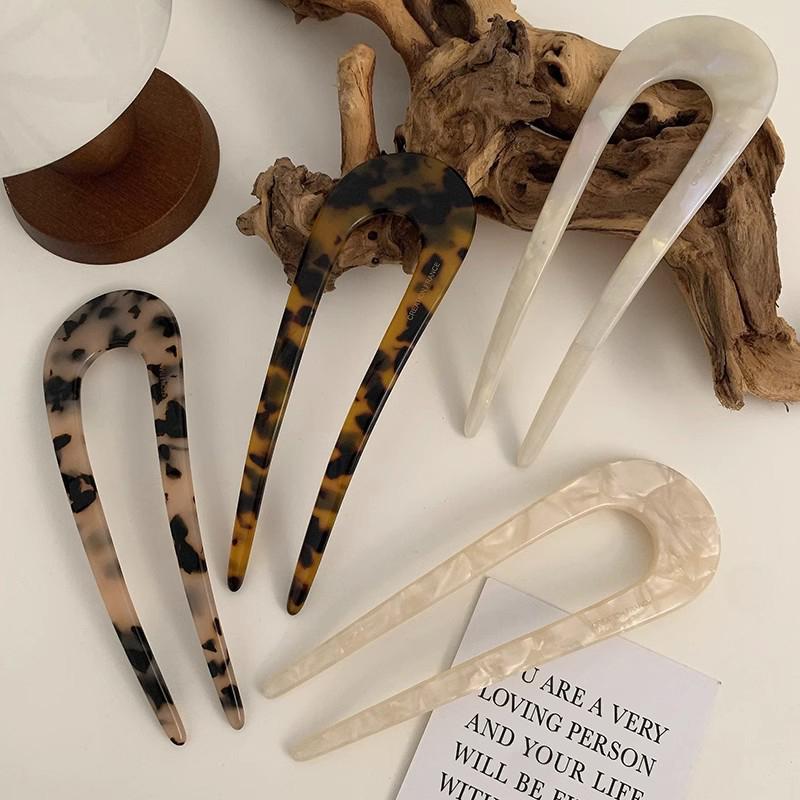 Vintage Trendy U-Shaped Hairpin Girls Hair Fork Hair Clips Color Marble Print Hair Sticks For Women Headwear Hair Accessories