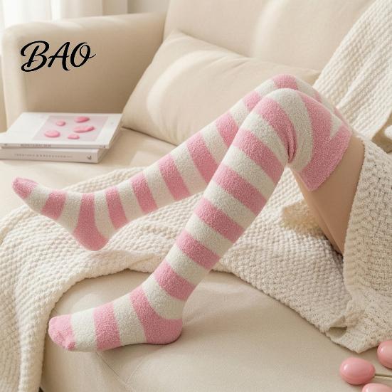 Warm Winter Sleep Socks Striped Plush for Women, Coral Fleece Thermal Socks, Soft Thickened Velvet Knee High Stockings, Sleeping Home And Casual Wear