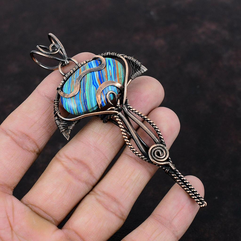 Rainbow Calsilica Pendant Copper Wire Wrapped Gemstone Pendant Elegant Jewelry Designer Pendant Handmade Pendant Copper Jewelry Gift For Him