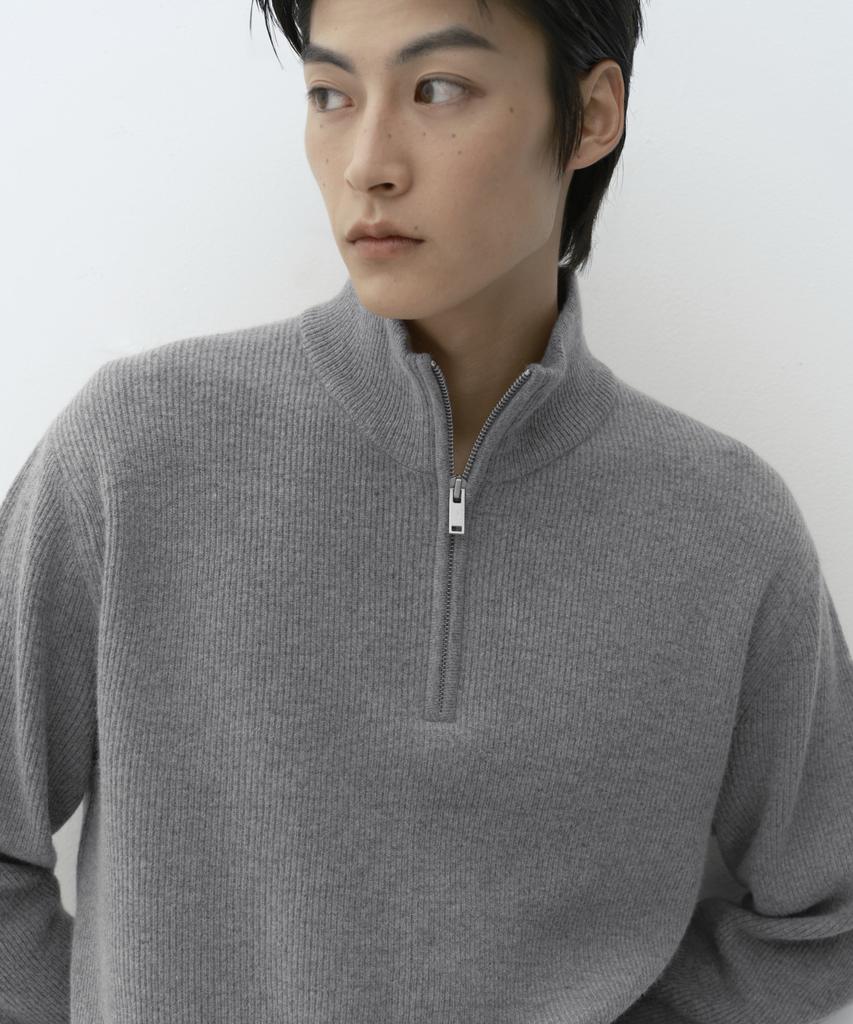 Musinsa Standard [Victoria Wool] Minimal Ribbed Quarter Zip Sweater [Melange Light Grey]