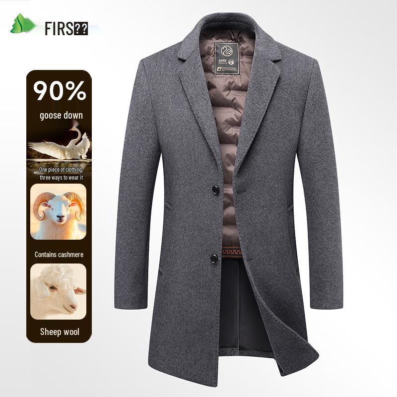 Shanshan Men's Cashmere Wool Blend Trench Coat with Detachable 90% Goose Down Liner