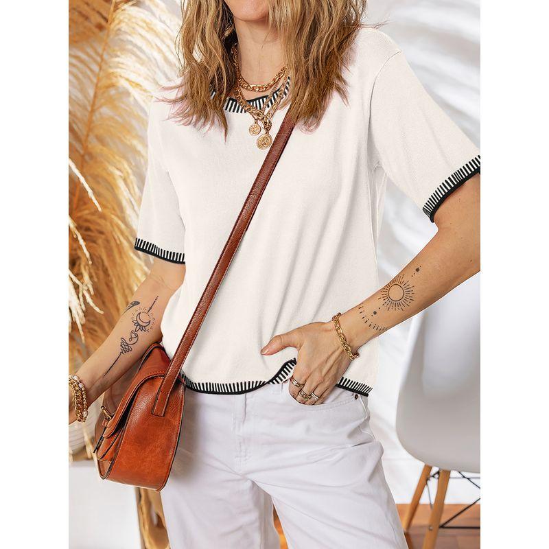 American Shiying Color Matching round Neck Short sleeve knit Women 2025 Summer New All-Match Three-Quarter Sleeve Top Women