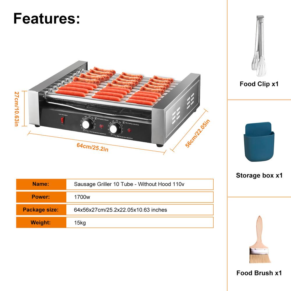 Commercial Hot Dog Roller 27 Hot Dogs 10 Rollers Electric Grill Roller Cooker 1700W Sausage Grill Cooker with Removable Oil Drip