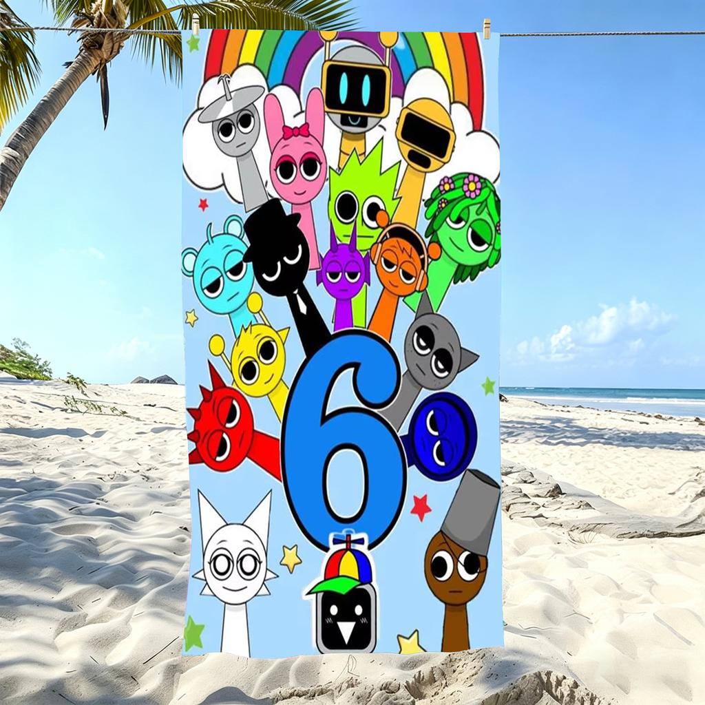 S-Sprunki Phase 6 All Characters Rainbow Cloud Cute Cartoon Kids Beach Towel Microfiber Quick Dry Soft Bath Towel For Pool Beach