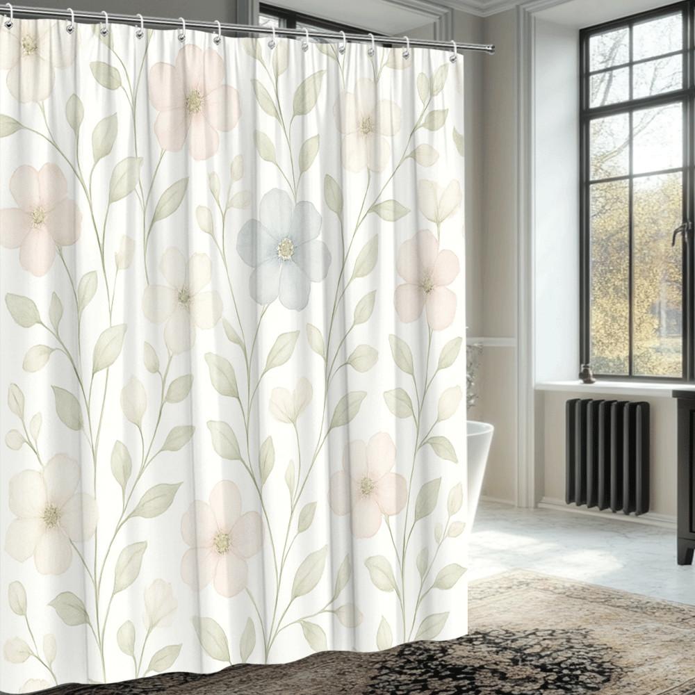 Soft Pastel Flower Shower Curtain Delicate Blooms Green Leaves Minimalist Nature Design Elegant Bathroom Decor Waterproof