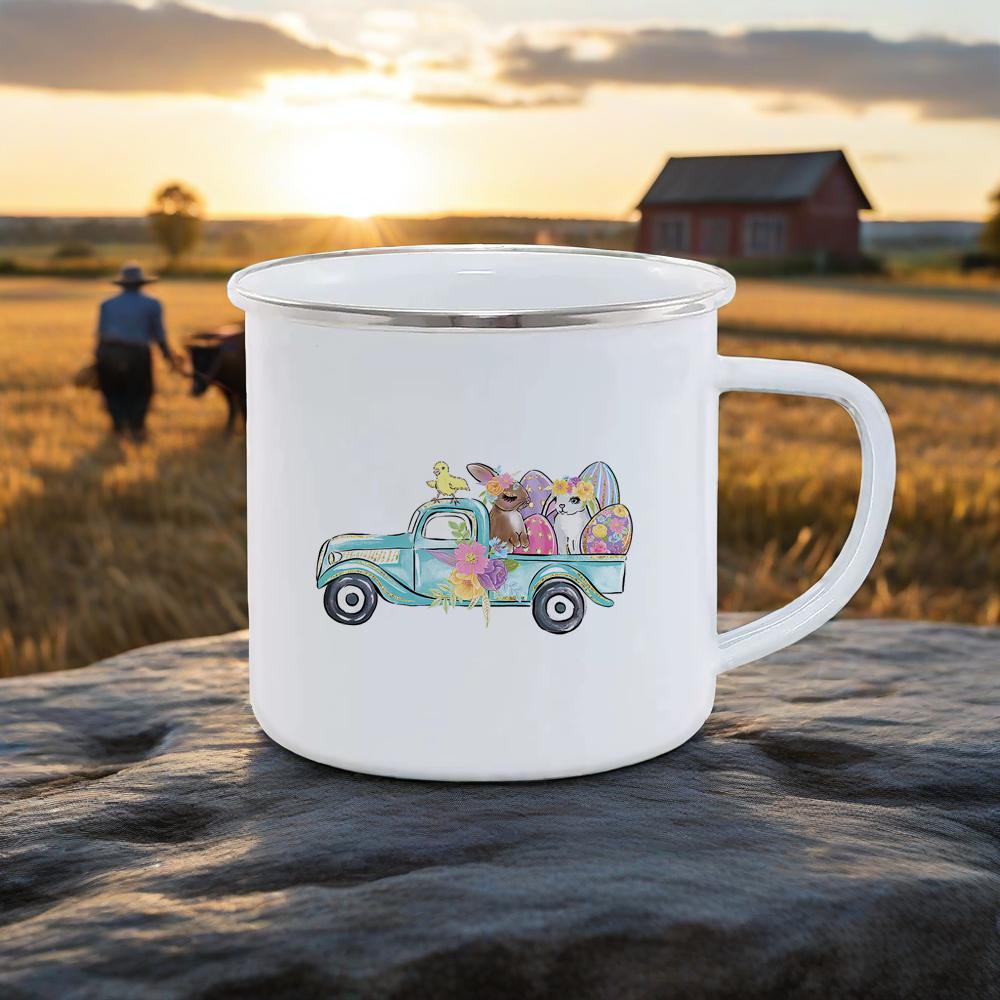 Cute Rabbit Pattern Breakfast Cups Soft Charming Color Milk Cola Mug For Camping Hiking Safe Durable UseHappy Easter Enamel Mug