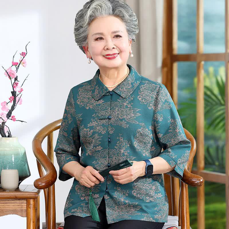 Women s New Chinese Style Floral 3/4 Sleeve Shirt 5XL