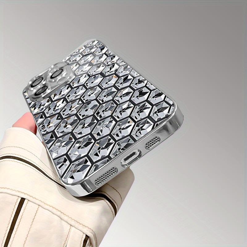 Hexagonal Diamond Pattern Electroplate Silver Phone Case For Samsung Galaxy S25 S24 S23 Ultra Plus FE Tempered Glass Cover
