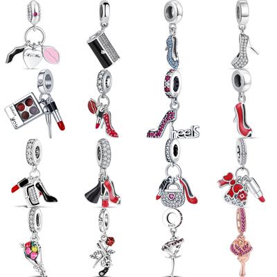 Argento Massiccio S925 Rossetto Rosso Scarpe con Tacco Alto Borsa Fiori di Rosa Perline Fine Adatto Bracciale Charm Originali Gioielli Fai da Te