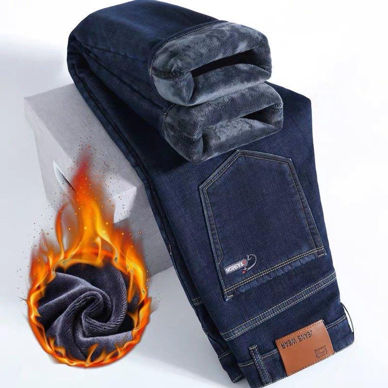 Autumn and Winter Fleece Thickened Jeans Loose Straight Pants Versatile Business Elastic Thermal Trousers