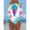 Damen Langarm Einteiler Badeanzug Reißverschluss Vorne Meeresblumen Muster Rash Guard Surfen Badeanzug