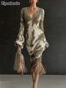 Women's Floral Knit Dress with V-Neck and Fringe Details for Spring Summer Casual Wear
