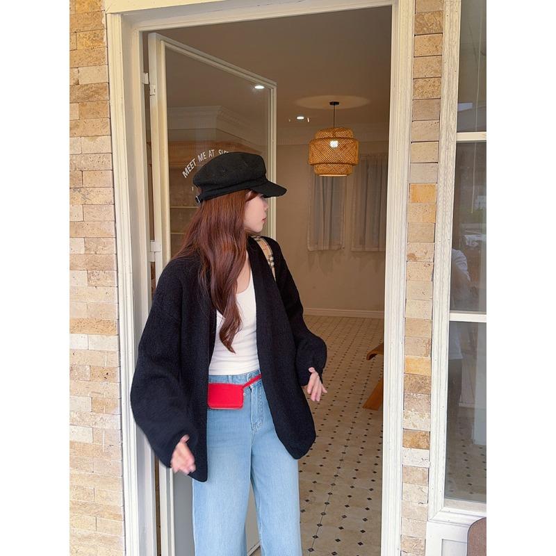 Autumn and winter new lazy style bark pattern fashionable versatile loose medium and long bubble sleeve knitted sweater jacket women