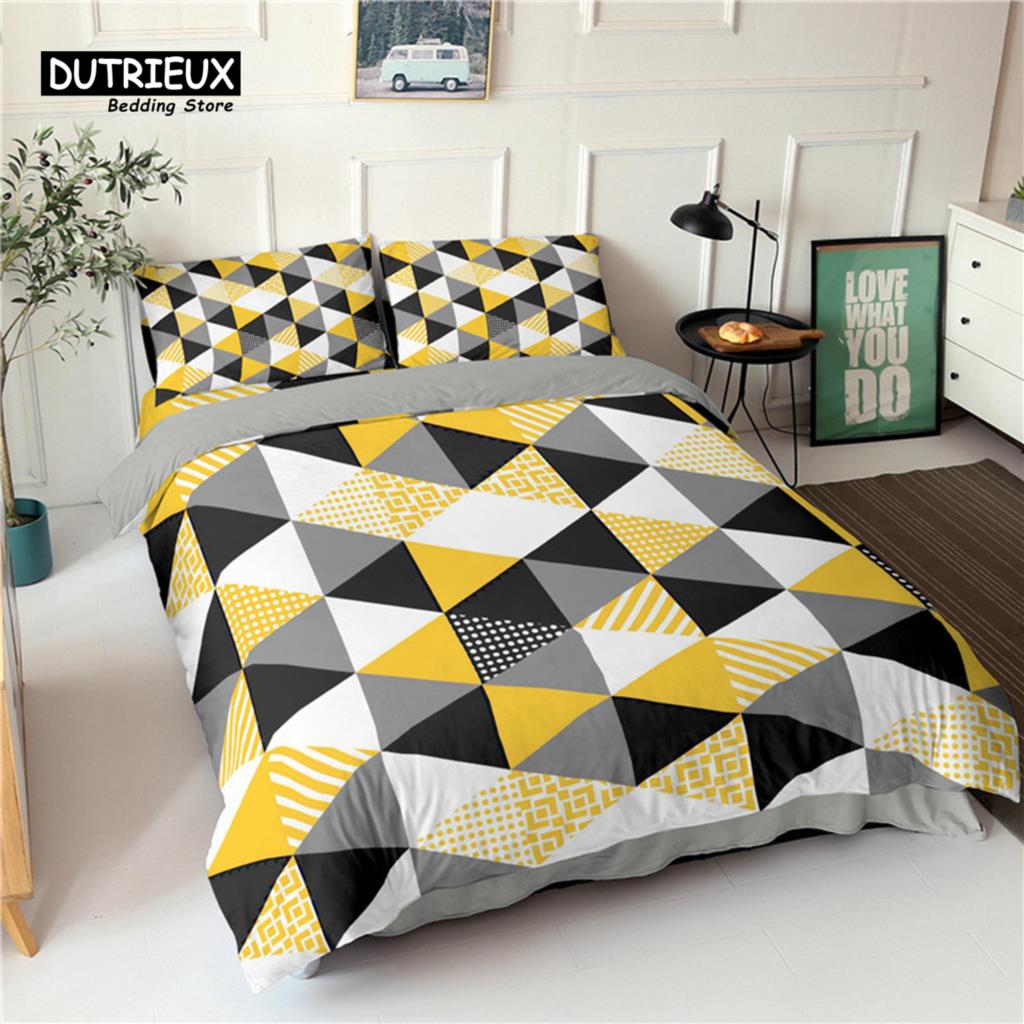 Geometric Bedding Set Microfiber Abstract Triangle Marble Pattern Print Duvet Cover With Pillowcases Teens Adults Bedroom Decor