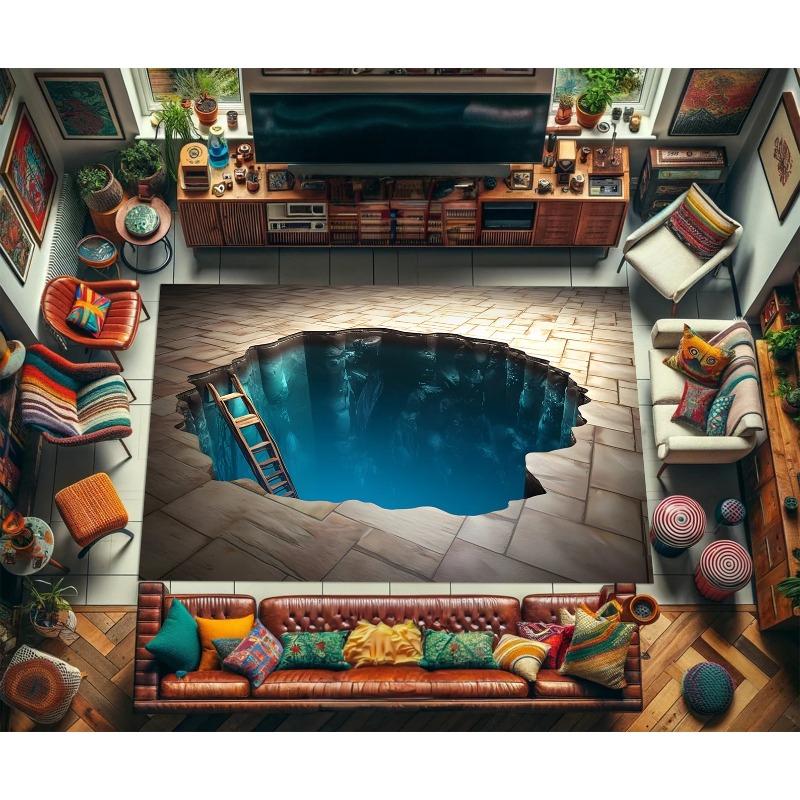 3D Waterfall Carpet with Ripped Stone Illusion Design Realistic Floor Carpet for Living Room Modern Optical Illusion Home Decor