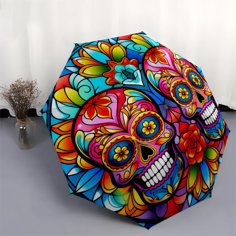 Colorful Sugar Skull Stained Wall Art DecorUmbrellaPortable 3-Fold Compact Umbrella for Men & Women Gift