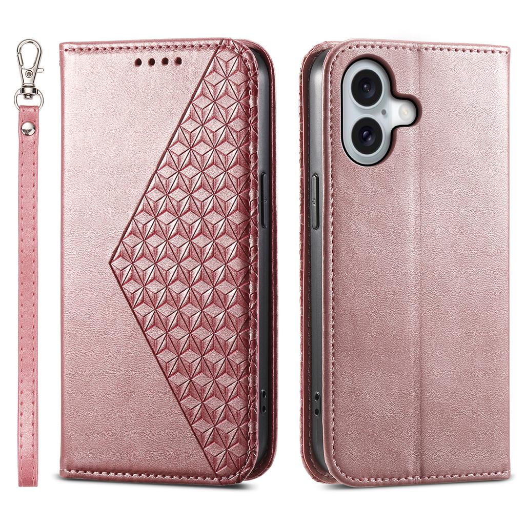 For iPhone 16 Wallet Case Calf Texture PU Leather Phone Cover with Strap