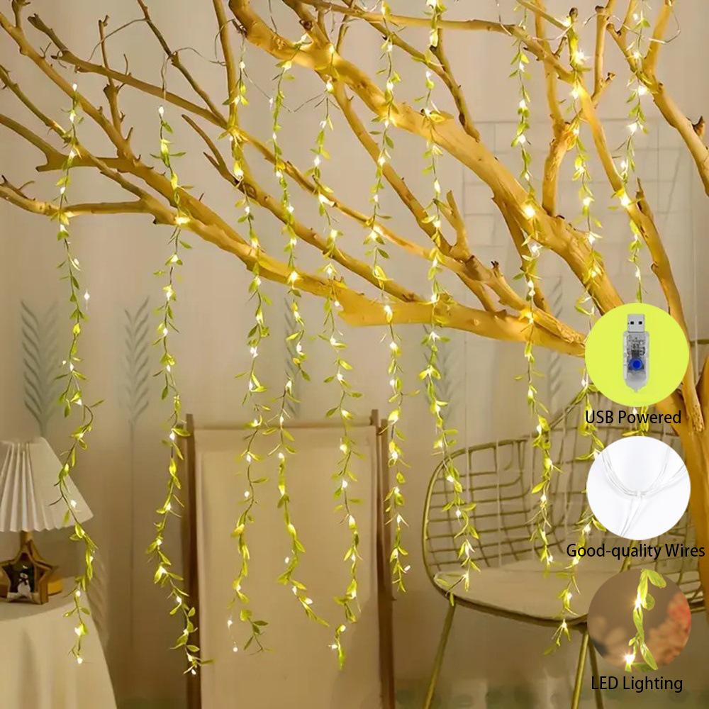 LED Willow Leaf Curtain Lights with USB, Indoor Hanging Decorative Lights for a Warm Atmosphere