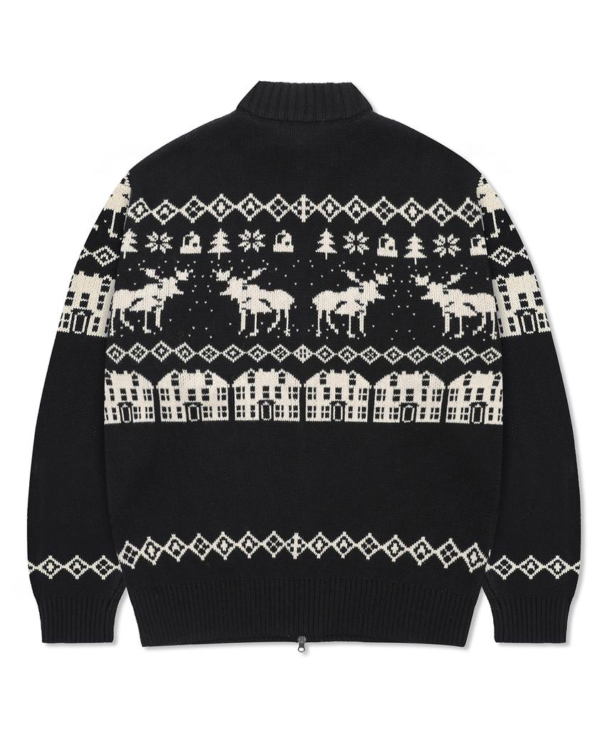 GLACK Gnt071 Kevin Nordic Pattern Knit Zip-Up (Black)