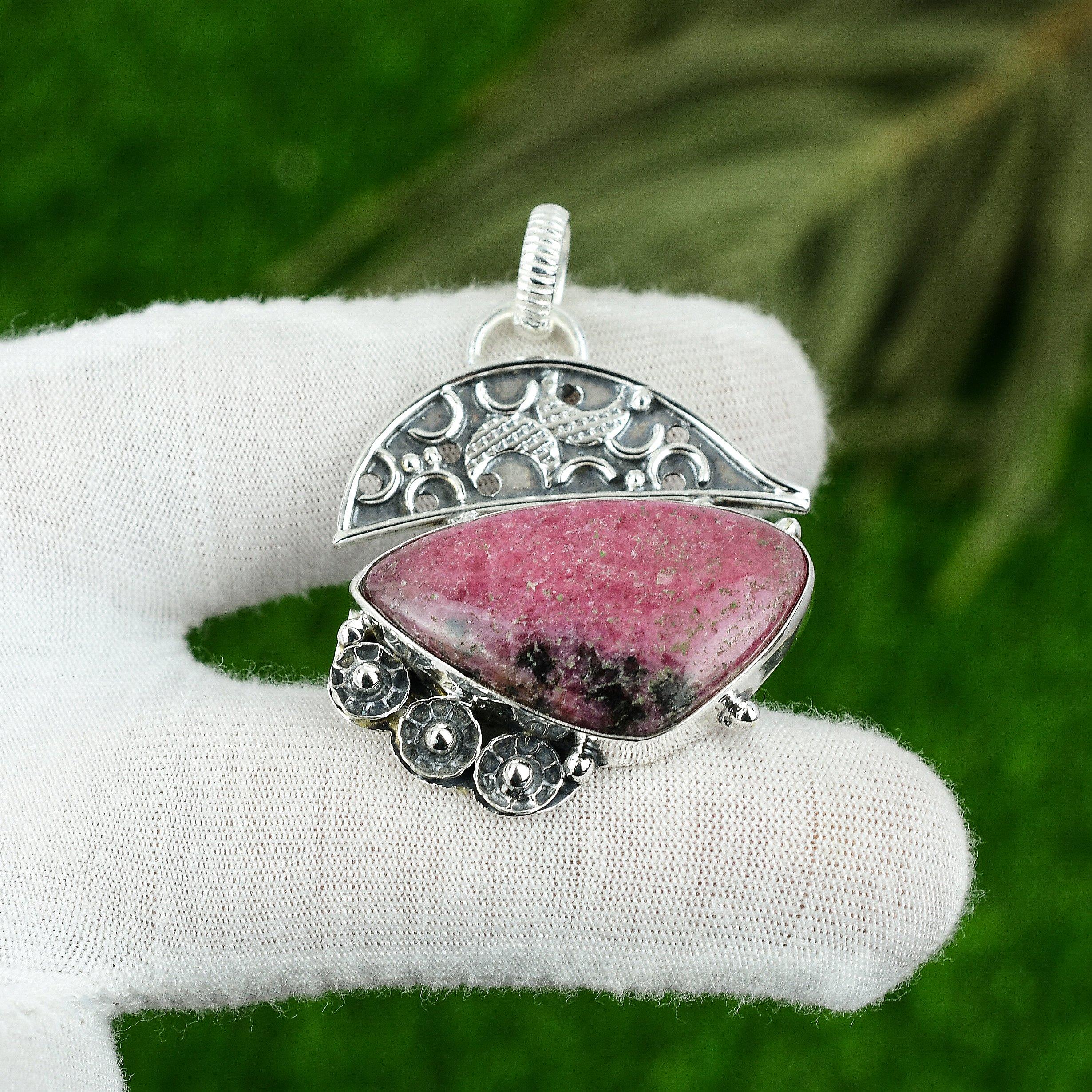 

Natural Rhodonite Gemstone Pendant Pink 925 Sterling Silver Indian Jewelry