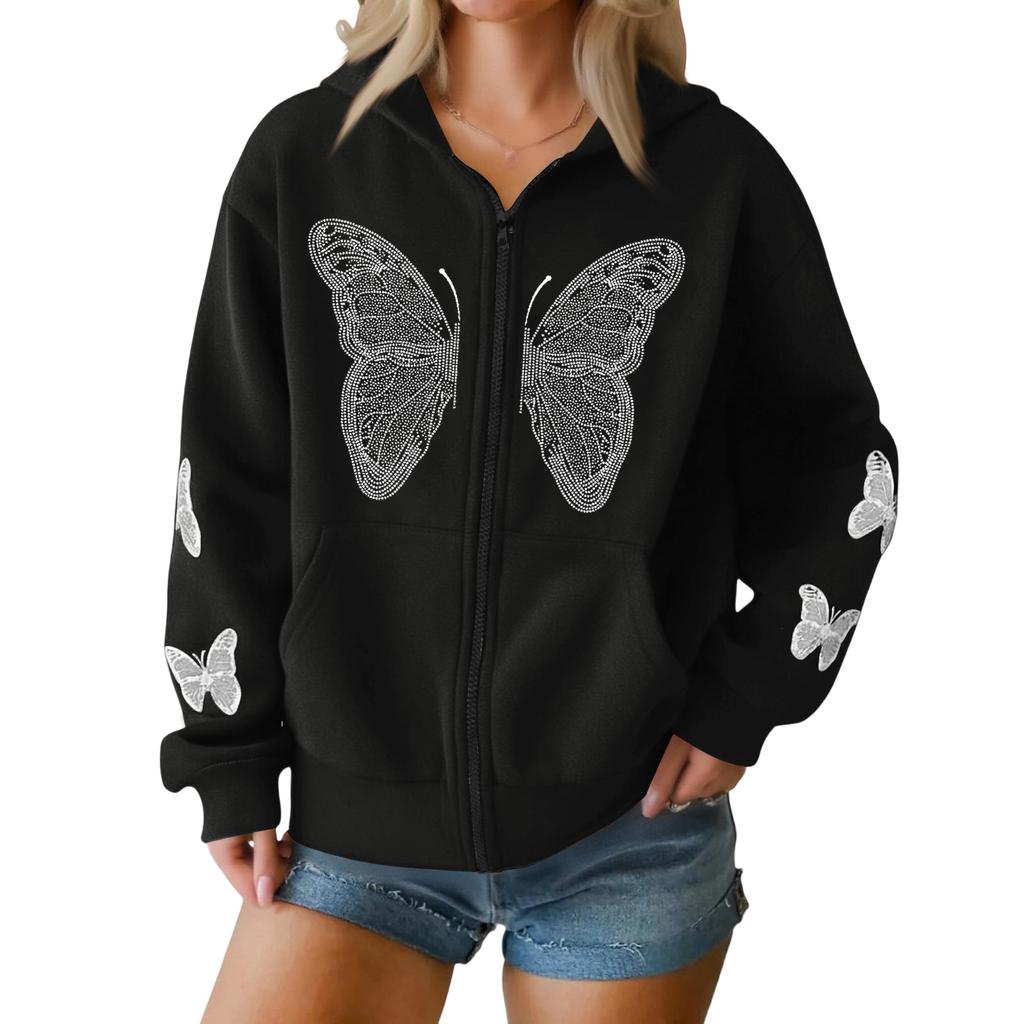 Women's Casual Loose Winter Butterfly Zipper Hooded Long Sleeve Pocket Jacket