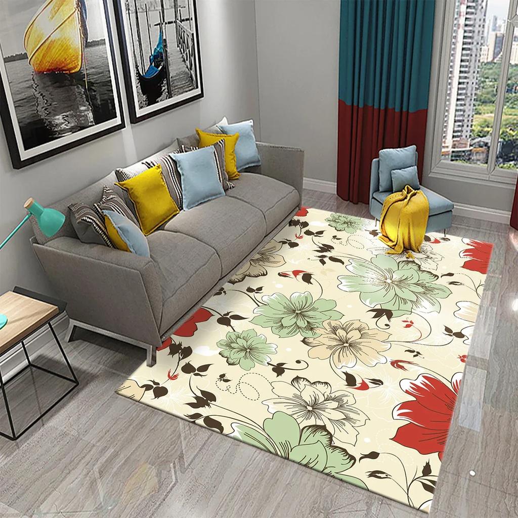 Retro Florales Muster Teppich für Wohnzimmer Schlafzimmer Bettseite Dekoration Bodenteppich Kinder Teenager Krabbelteppich Badezimmer Rutschfester Teppich