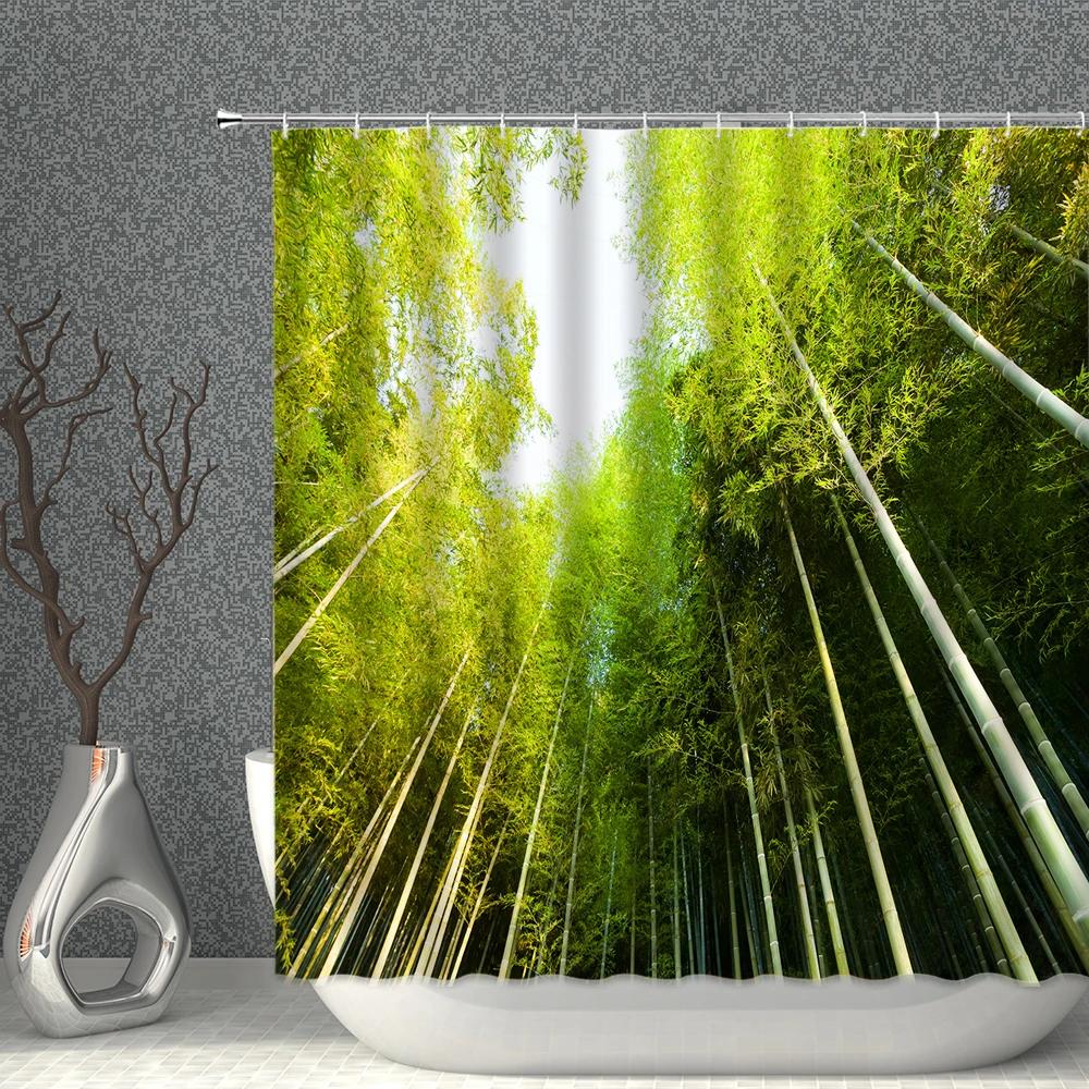 Bamboo Printing Shower Curtain High Quality Waterproof Polyester Fabric Bath Curtains With Hooks Bathroom Screen Home Decor