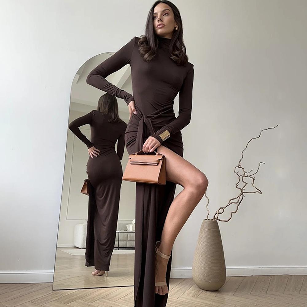 Women‘’s Dresses Autumn and Winter Fashion Sexy High-neck Long-sleeve Solid Color Dress