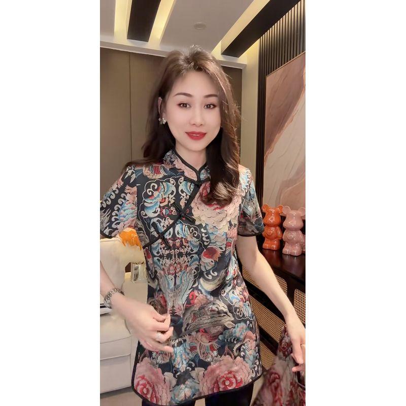 

New Chinese Style Shoulder Short-Sleeved T-shirt Women s Summer Retro Printed Improved Cheongsam Split Buckle Mid Length Long Length Tops Black L