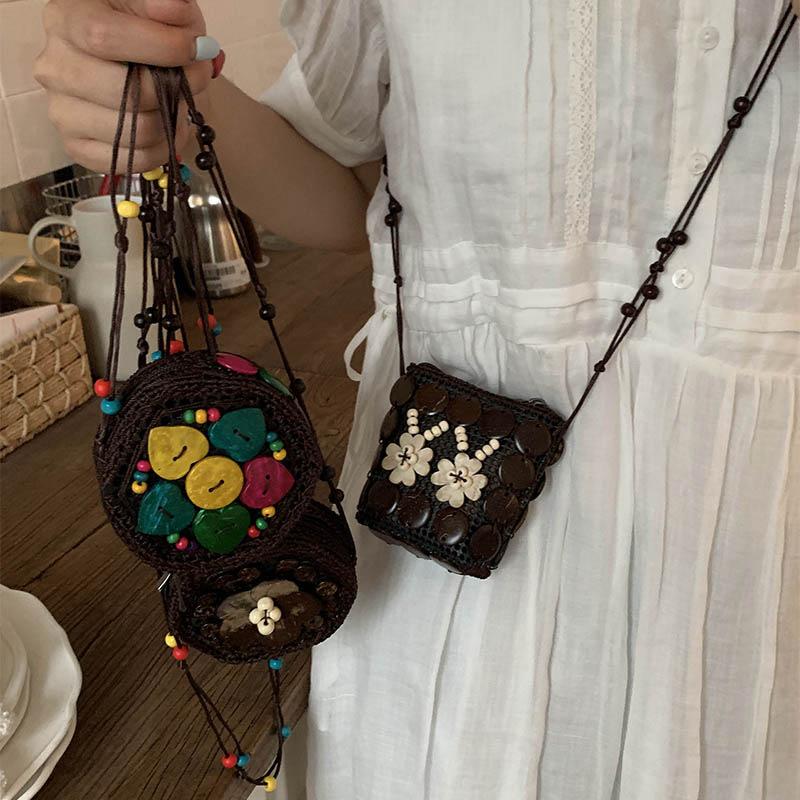 All-match Cloth Ethnic Style Crossbody Bag Coconut Shell Retro Handmade Weave Bag Geometric Handbag Bohemian Shoulder Bag Women