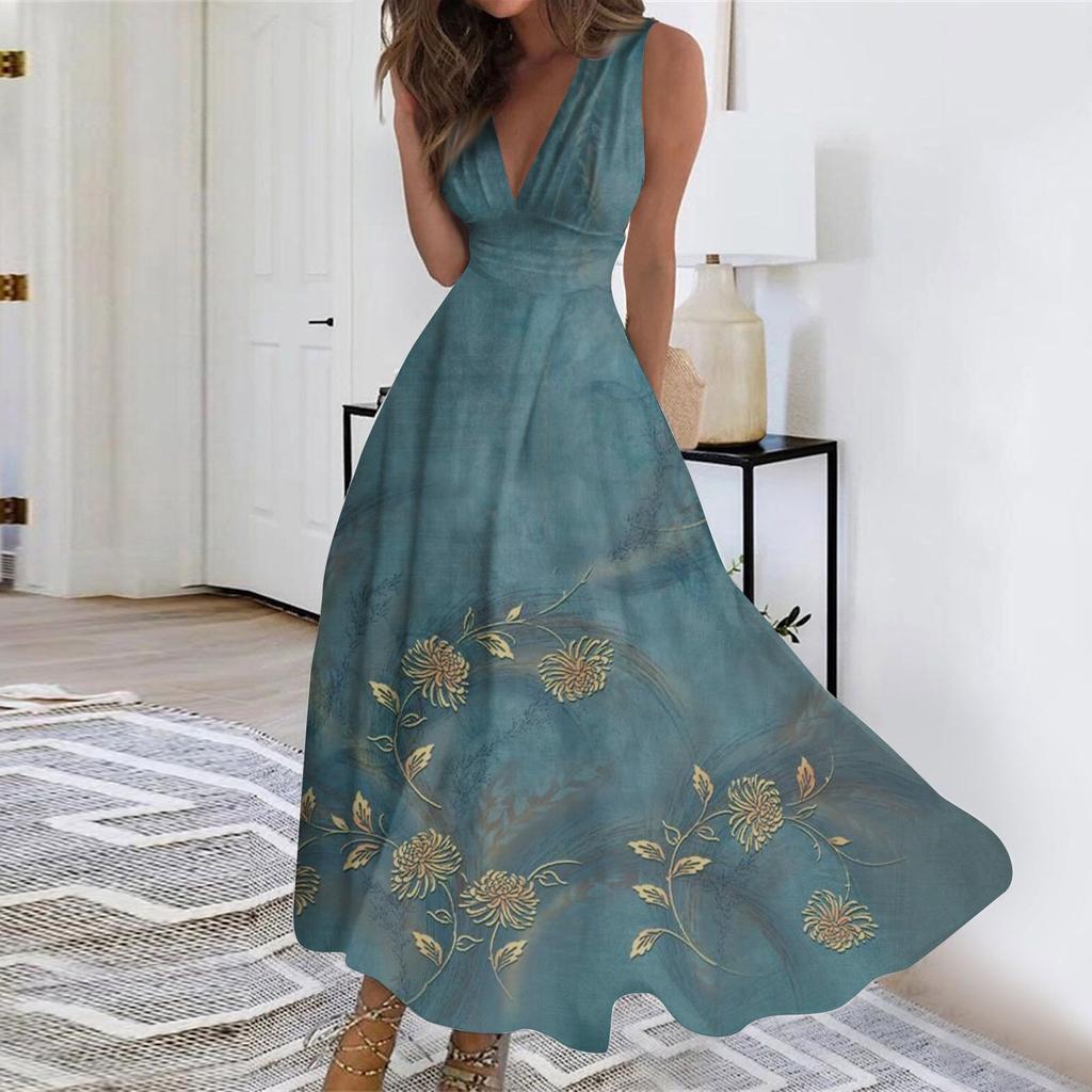 Women's Summer Fashion  Print V-Neck Sleeveless Waist Tie Dress