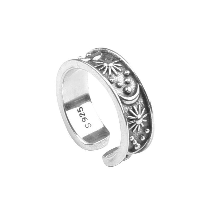 Adjustable Open Ring With Vintage Blackened Star Moon Motif Geometric Retro Design Unisex Wear Adjustable Open Band