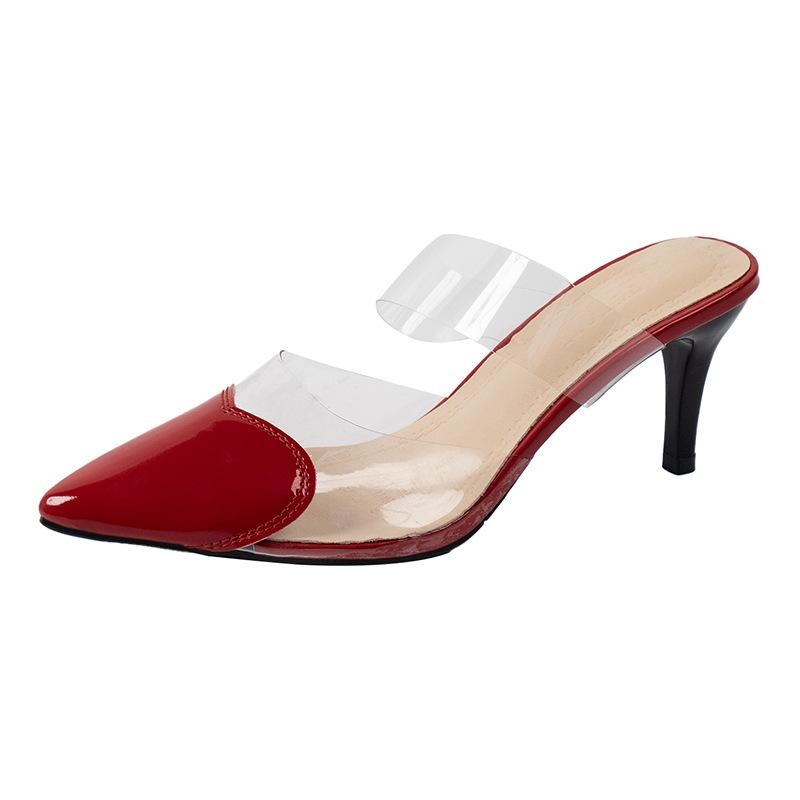 Fashion Pointed Toe Slippers High Heeled Summer Shoes Transparent PVC Slides Outside Wearing Slip On Black White Red