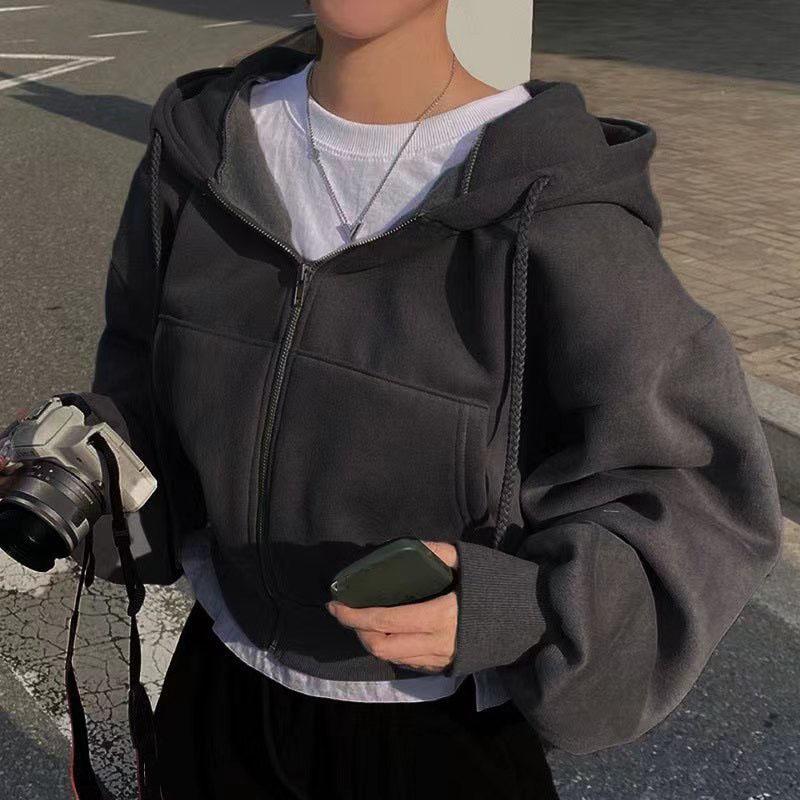 Mote Genser med glidelås og hette Dame Casual Langermet Cropped Topper Y2K Hettegensere Streetwear Harajuku Jakker
