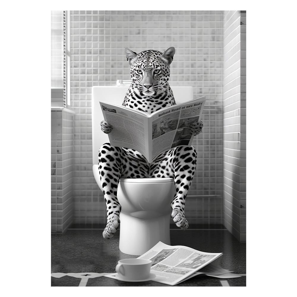 Funny Bathroom Lion Sitting On Toilet Reading Newspaper Poster Modern Wall Art HD Picture Canvas Print For Room Home Decor